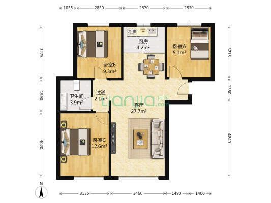 孔雀城.英国宫.兰园 3室1厅1卫 81平方