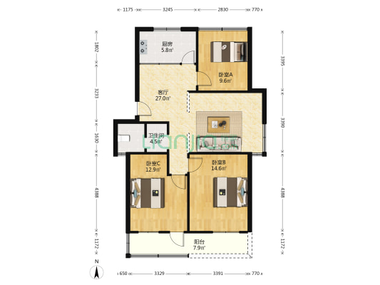 小园弄散盘 3室1厅1卫 96平方