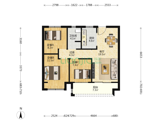 绿都元正望晴川 3室1厅1卫 95平方