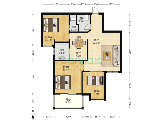 迎霞新城南区 3室2厅2卫 90平方