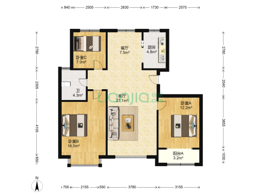 龙凤园一期 3室2厅1卫 114平方