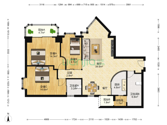 玉滨城二期 3室1厅2卫 122平方