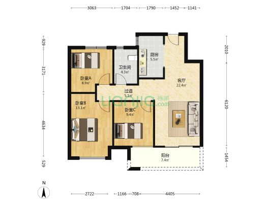 康桥香溪郡3号院 3室1厅1卫 101平方