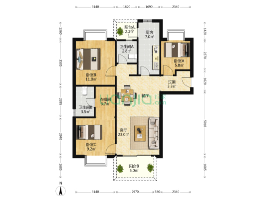 万科翡翠滨江三期 3室1厅2卫 105平方