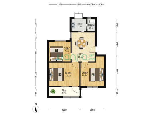 固体潮小区 3室1厅1卫 65平方