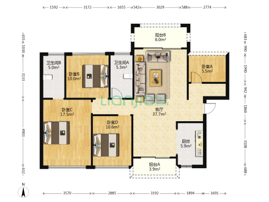 龙光天瀛 4室1厅2卫 129平方