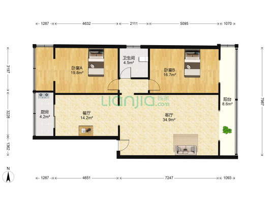 富民小区 2室2厅1卫 128平方