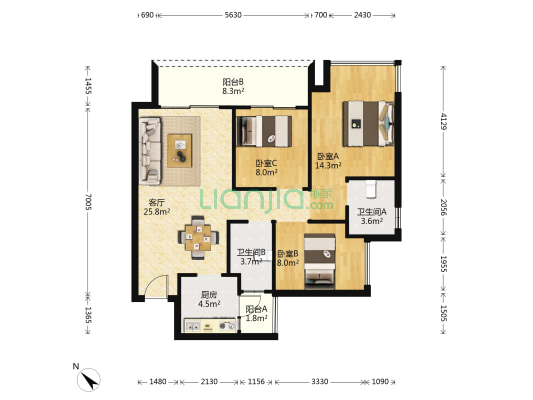 恒邦双林悦山府三期 3室1厅2卫 98平方