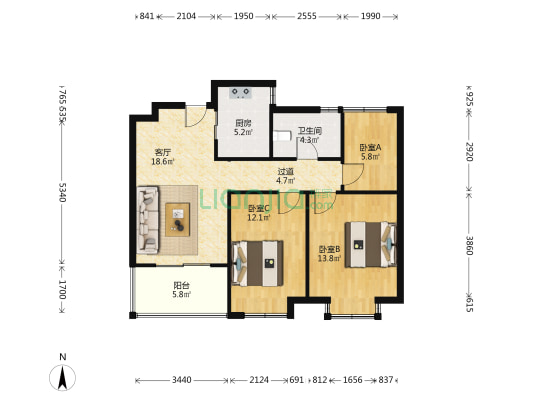 常熟虞山高新区万达边铂克花园全新精装未住三房出售-户型图