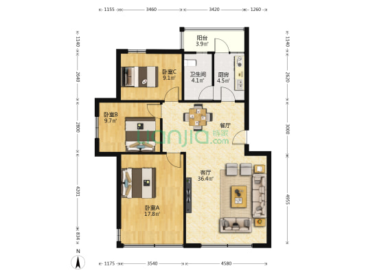 镜山花园B区 3室1厅1卫 95平方