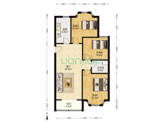 紫金花园 3室1厅1卫 105平方