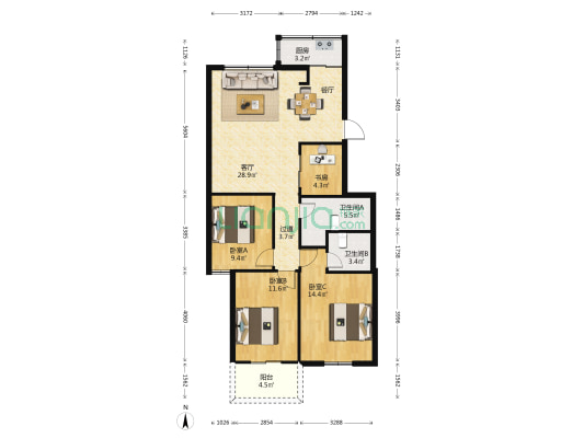 汇福花园 4室1厅2卫 109平方