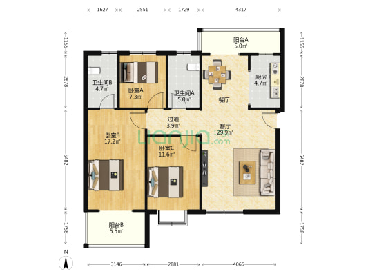 大城美舍 3室1厅2卫 128平方