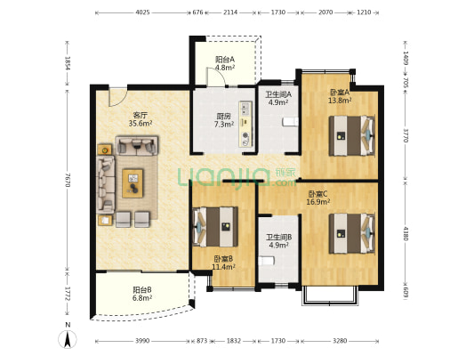 东都明珠 3室1厅2卫 131平方