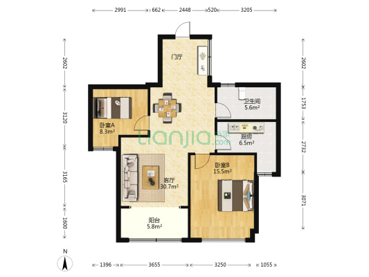 润金城一期 2室1厅1卫 87平方