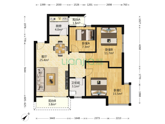 永恒楼 3室1厅1卫 87平方
