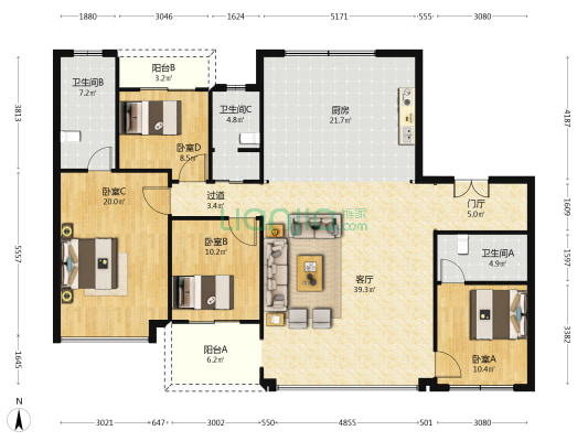 全运村丹桂苑 4室1厅3卫 178平方