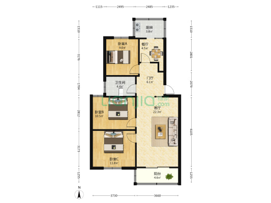 天兆花园(丛台区) 3室2厅1卫 92平方