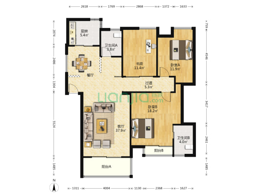 风华天城桃花林 3室1厅2卫 127平方