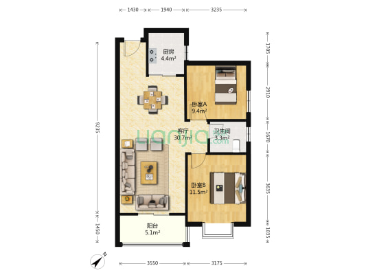 燕归园 2室1厅1卫 86平方