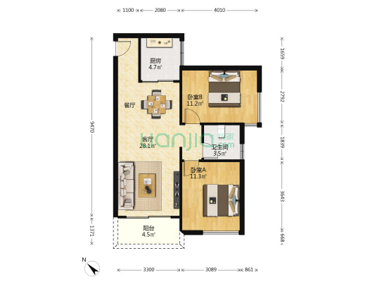 阳光里紫荆园 2室1厅1卫 66平方