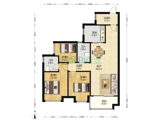 时代天韵花园 3室1厅2卫 99平方