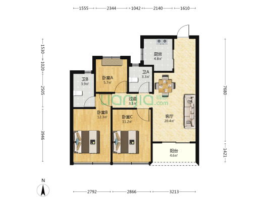 湖境观岚湾 3室1厅2卫 89平方