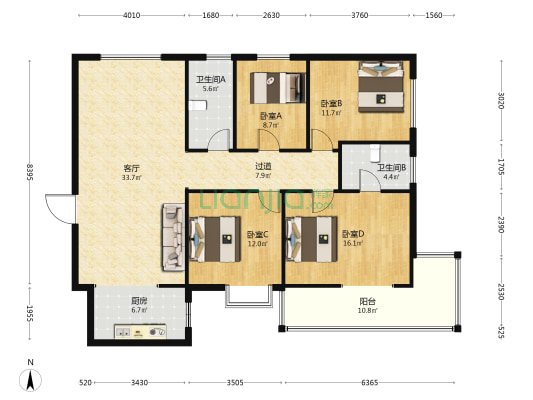 邯郸明珠花园A/1区 4室1厅2卫 158平方