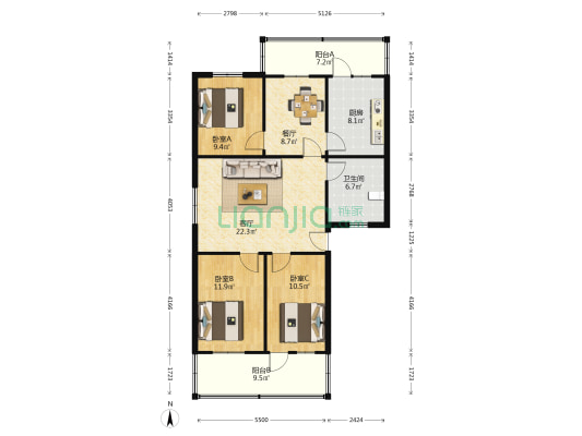 官渡房地产小区 3室2厅1卫 115平方