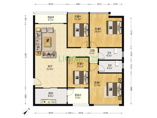 进景阁 4室1厅2卫 135平方