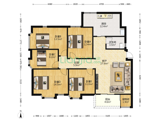 龙景大厦 5室1厅1卫 64平方