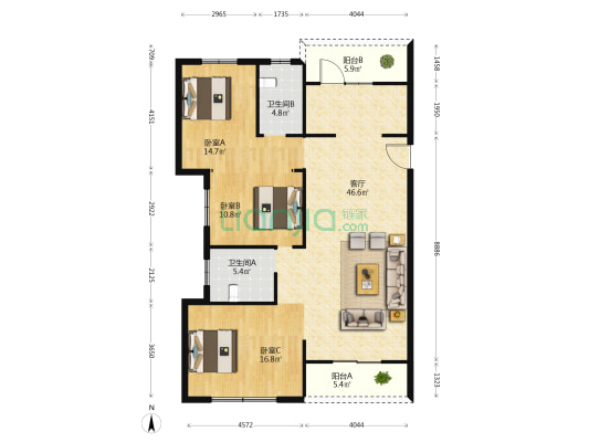 二七星城 3室1厅2卫 148平方