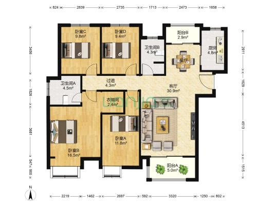 恒大帝景北苑 4室1厅2卫 142平方