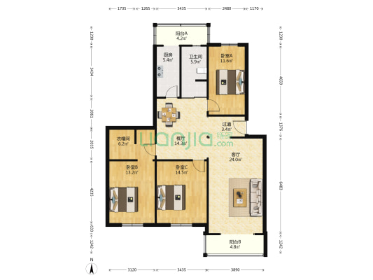 水湖路38号 3室2厅1卫 127平方