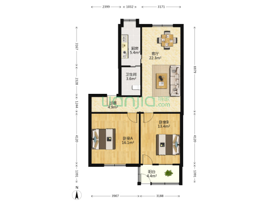 北京东路洪都钢厂宿舍 2室1厅1卫 90平方