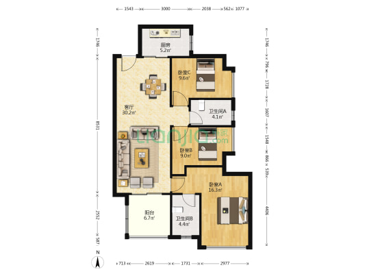 汇金城二期 3室1厅2卫 105平方