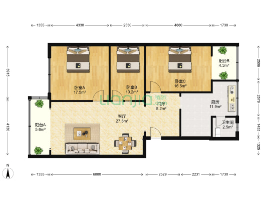 新南路83号 3室1厅1卫 124平方