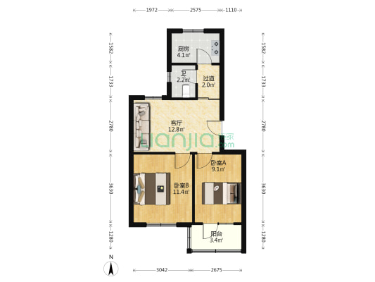 二中宿舍 2室1厅1卫 56平方