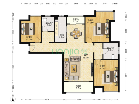 巨塔花园 3室1厅2卫 133平方