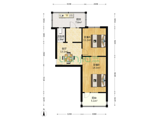 河北体育学院宿舍 2室1厅1卫 58平方