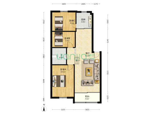 东大街422号 3室1厅1卫 95平方