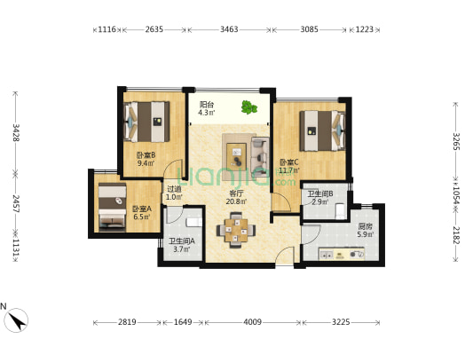 传麒东湖名苑 3室1厅2卫 95平方