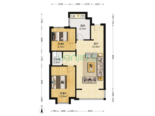万科金域华府北区 2室1厅1卫 85平方