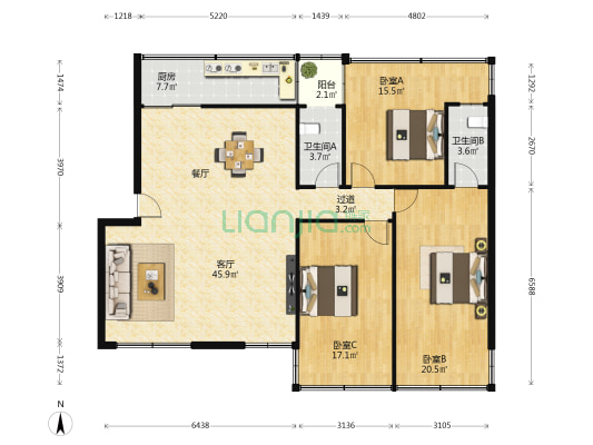 第二生活区 3室1厅2卫 126平方