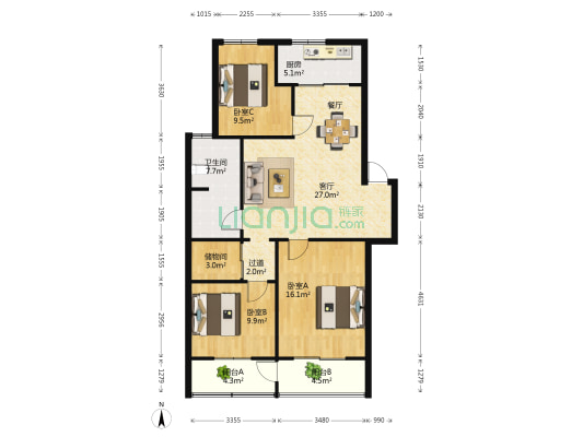 华德花园 3室1厅1卫 108平方