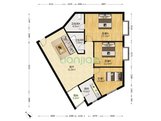 华新商厦小区 3室1厅2卫 91平方