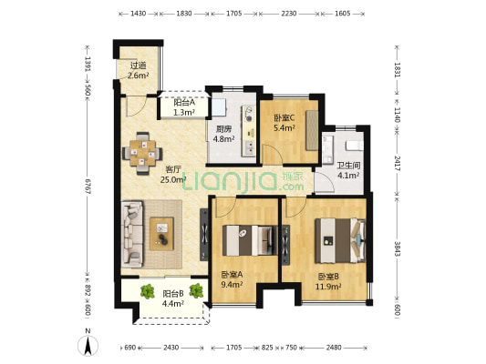 万科城市花园 3室1厅1卫 89平方