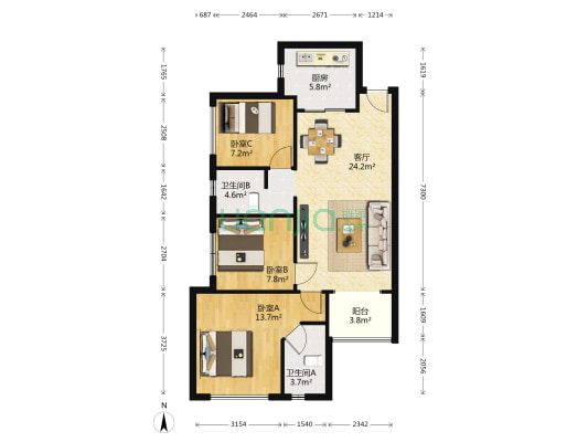 洋湖公馆二期 3室1厅2卫 84平方