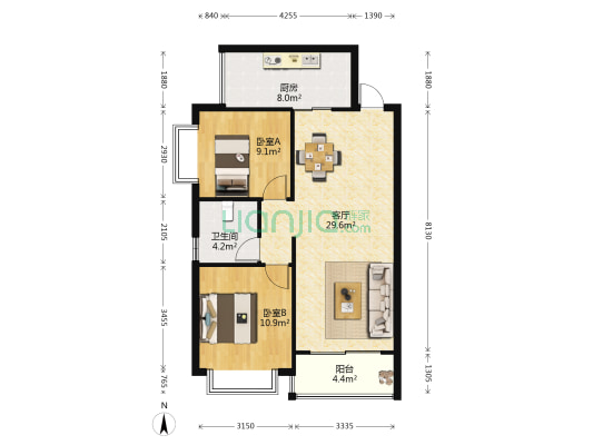 幸福嘉园 2室1厅1卫 88平方