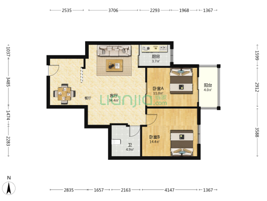 鑫涛苑 2室1厅1卫 87平方